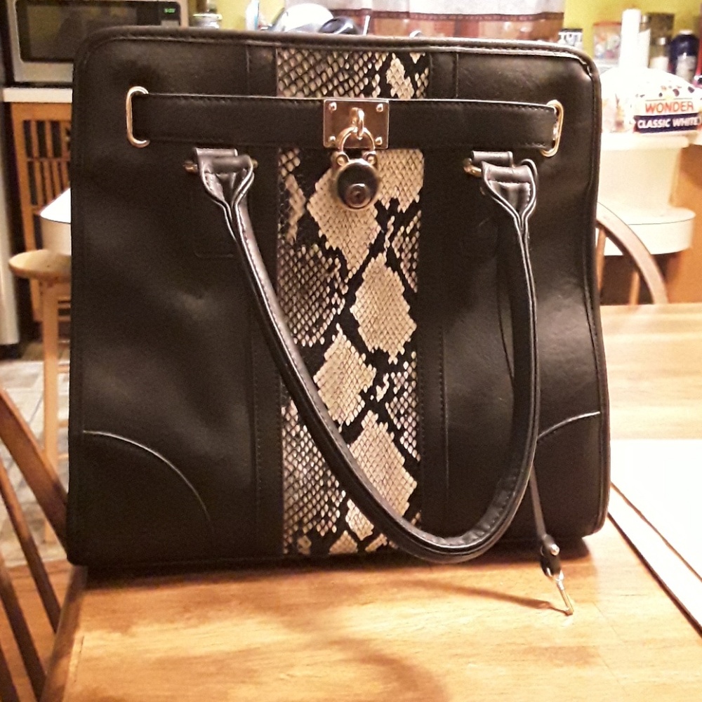 Black snakeskin embossed shoulder bag